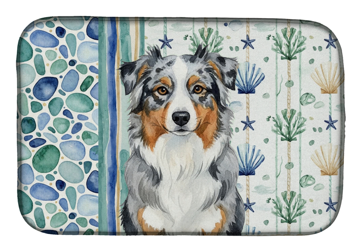 Picture of Carolines Treasures WDK6890DDM 21 x 14 in. Blue Merle Australian Shepherd Coastal Sea Glass Dish Drying Mat