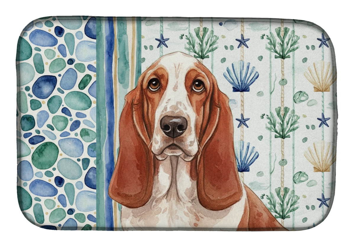 Picture of Carolines Treasures WDK6897DDM 21 x 14 in. Red & White Basset Hound Coastal Sea Glass Dish Drying Mat