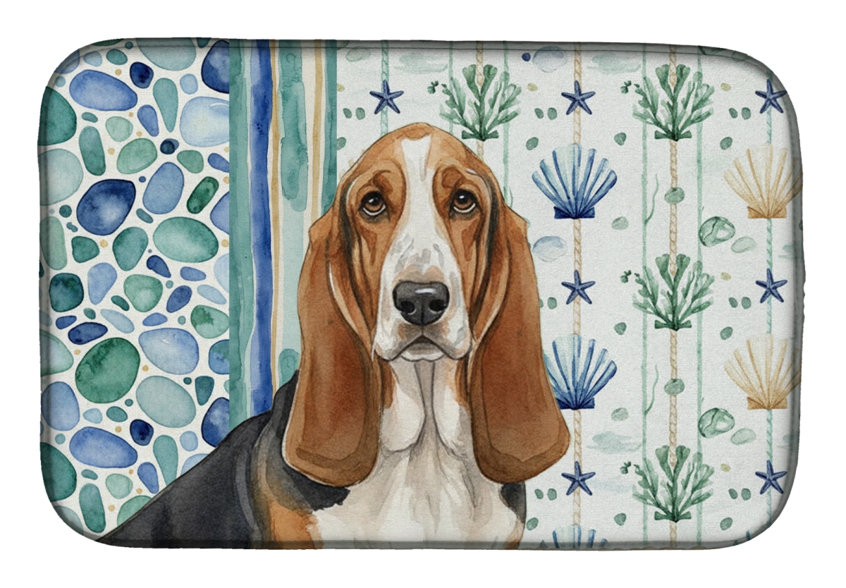 Picture of Carolines Treasures WDK6898DDM 21 x 14 in. Tricolor & White Basset Hound Coastal Sea Glass Dish Drying Mat
