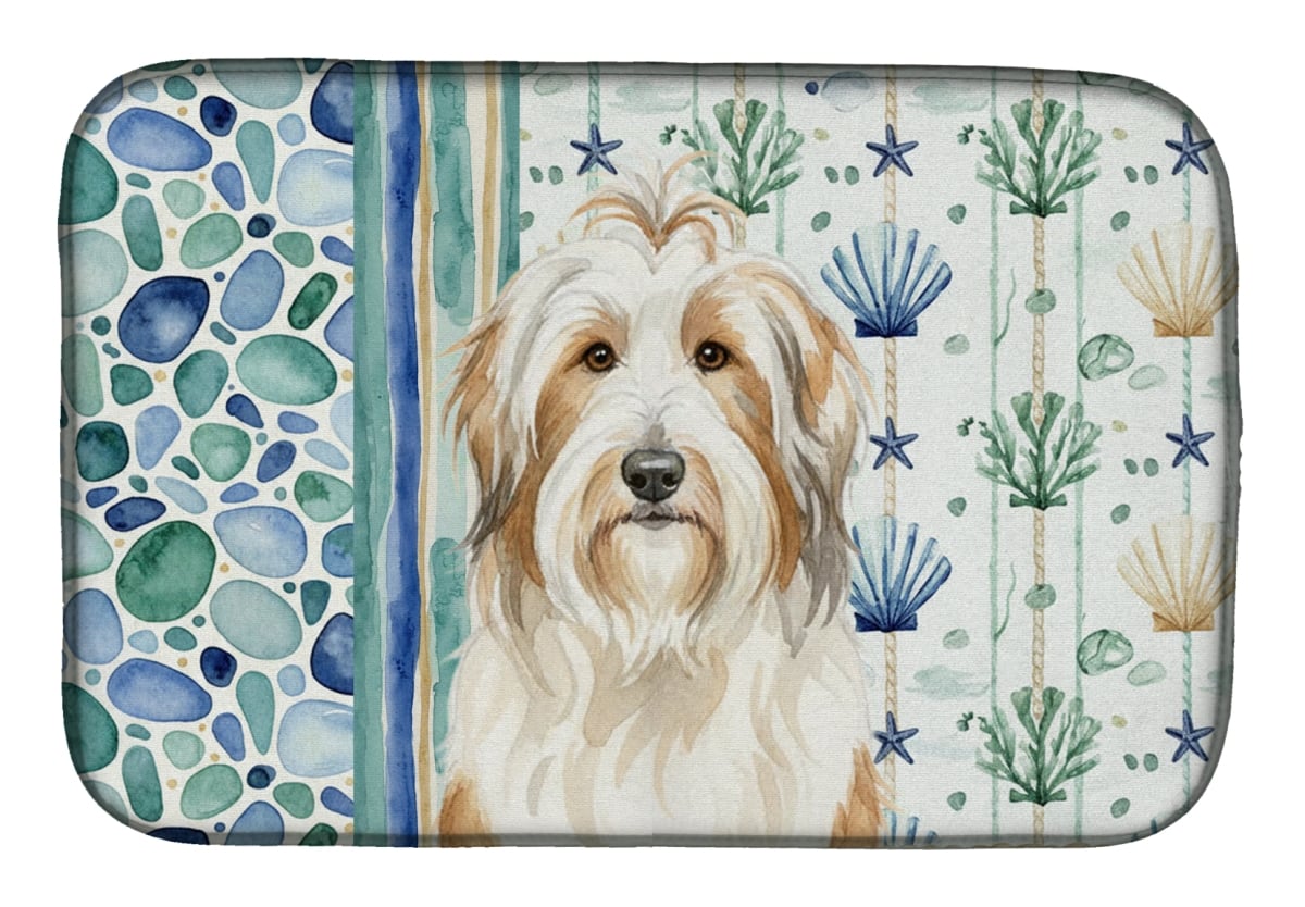 Picture of Carolines Treasures WDK6905DDM 21 x 14 in. White & Tan Bearded Collie Coastal Sea Glass Dish Drying Mat