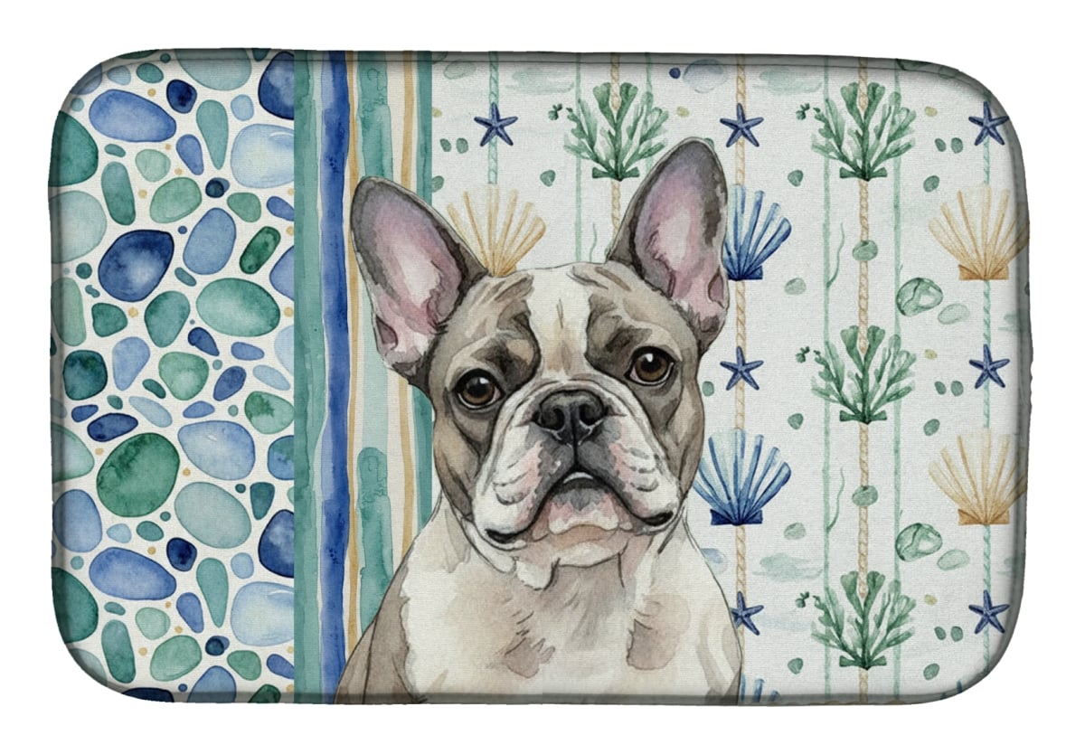 Picture of Carolines Treasures WDK7041DDM 21 x 14 in. Pied French Bulldog Coastal Sea Glass Dish Drying Mat