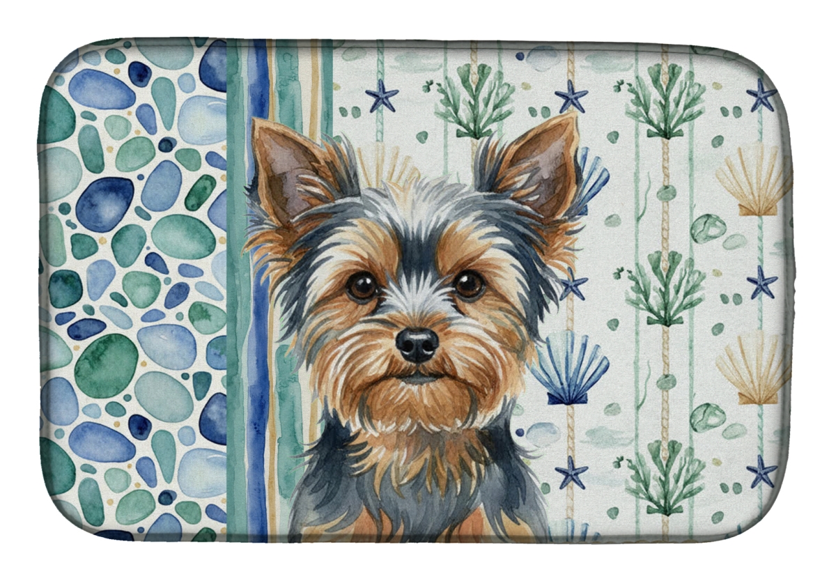 Picture of Carolines Treasures WDK7264DDM 21 x 14 in. Blue & Tan Yorkshire Terrier Coastal Sea Glass Dish Drying Mat
