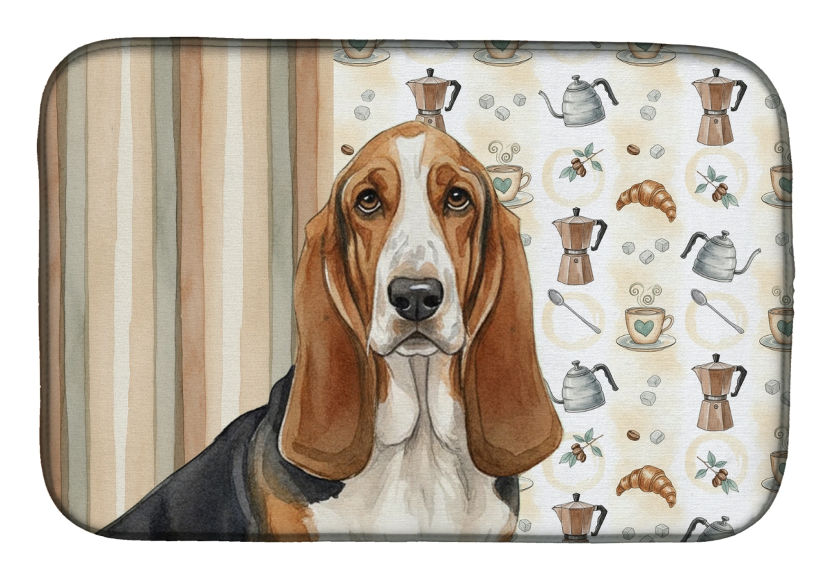 Picture of Carolines Treasures WDK7298DDM 21 x 14 in. Tricolor & White Basset Hound Coffee Bar Dish Drying Mat
