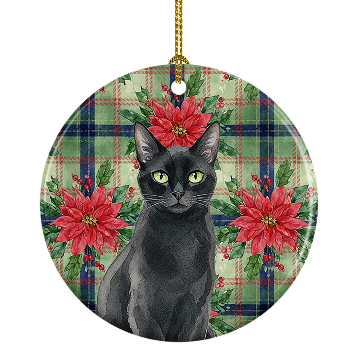FNT1320CO1 2.8 x 2.8 in. Solid Black Cat with Poinsettias Ceramic Ornament