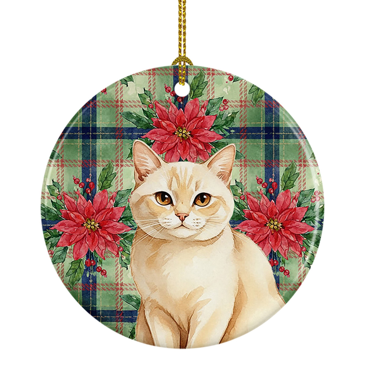 FNT1321CO1 2.8 x 2.8 in. Solid Cream Cat with Poinsettias Ceramic Ornament