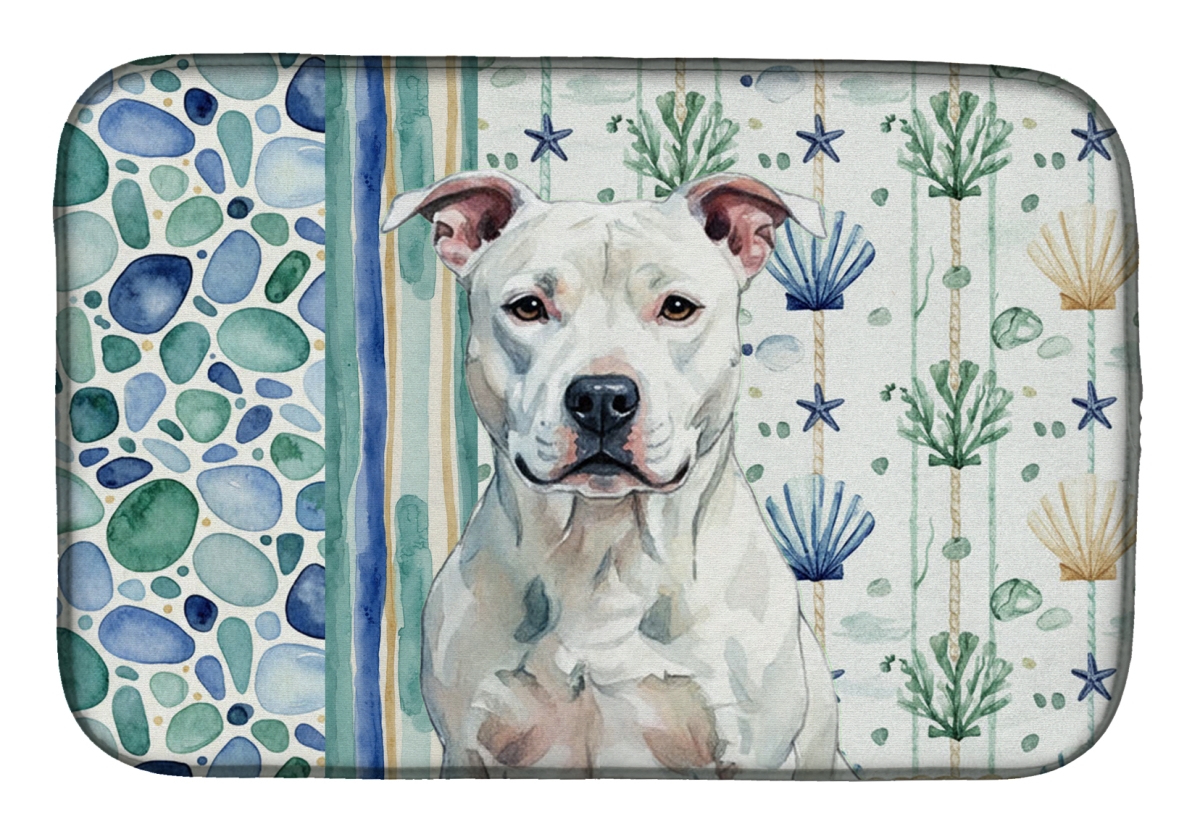Picture of Carolines Treasures WDK6885DDM 21 x 14 in. White American Staffordshire Terrier Coastal Sea Glass Dish Drying Mat