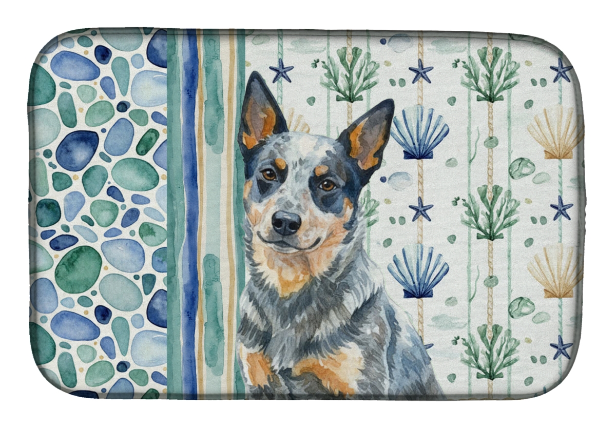 Picture of Carolines Treasures WDK6887DDM 21 x 14 in. Blue Heeler Australian Cattle Dog Coastal Sea Glass Dish Drying Mat