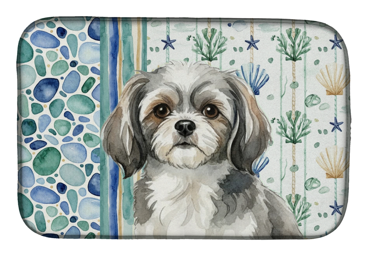 Picture of Carolines Treasures WDK7241DDM 21 x 14 in. Gray & White Tibetan Spaniel Coastal Sea Glass Dish Drying Mat