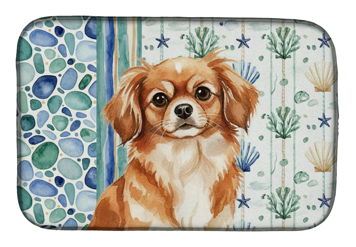 Picture of Carolines Treasures WDK7242DDM 21 x 14 in. Red Tibetan Spaniel Coastal Sea Glass Dish Drying Mat