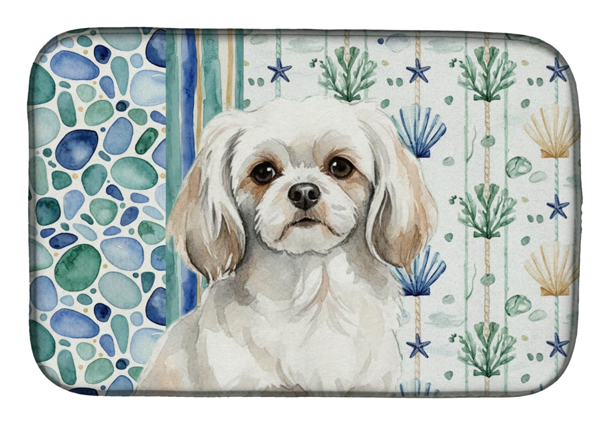 Picture of Carolines Treasures WDK7243DDM 21 x 14 in. White Tibetan Spaniel Coastal Sea Glass Dish Drying Mat