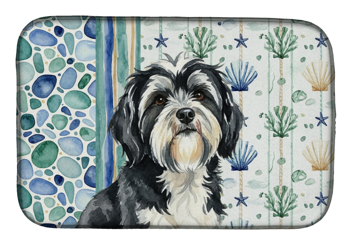 Picture of Carolines Treasures WDK7244DDM 21 x 14 in. Black & White Tibetan Terrier Coastal Sea Glass Dish Drying Mat