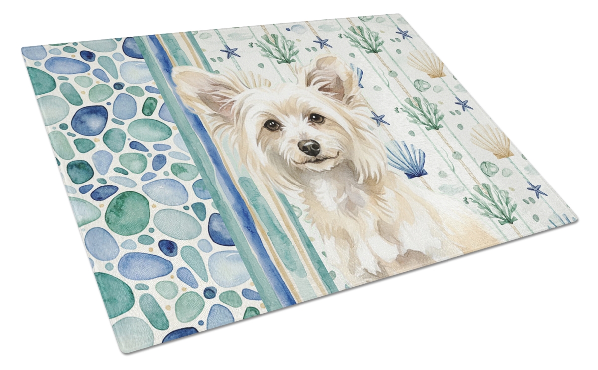 WDK6976LCB 11.25 x 15.25 in. Powderpuff Chinese Crested Coastal Sea Glass Cutting Board