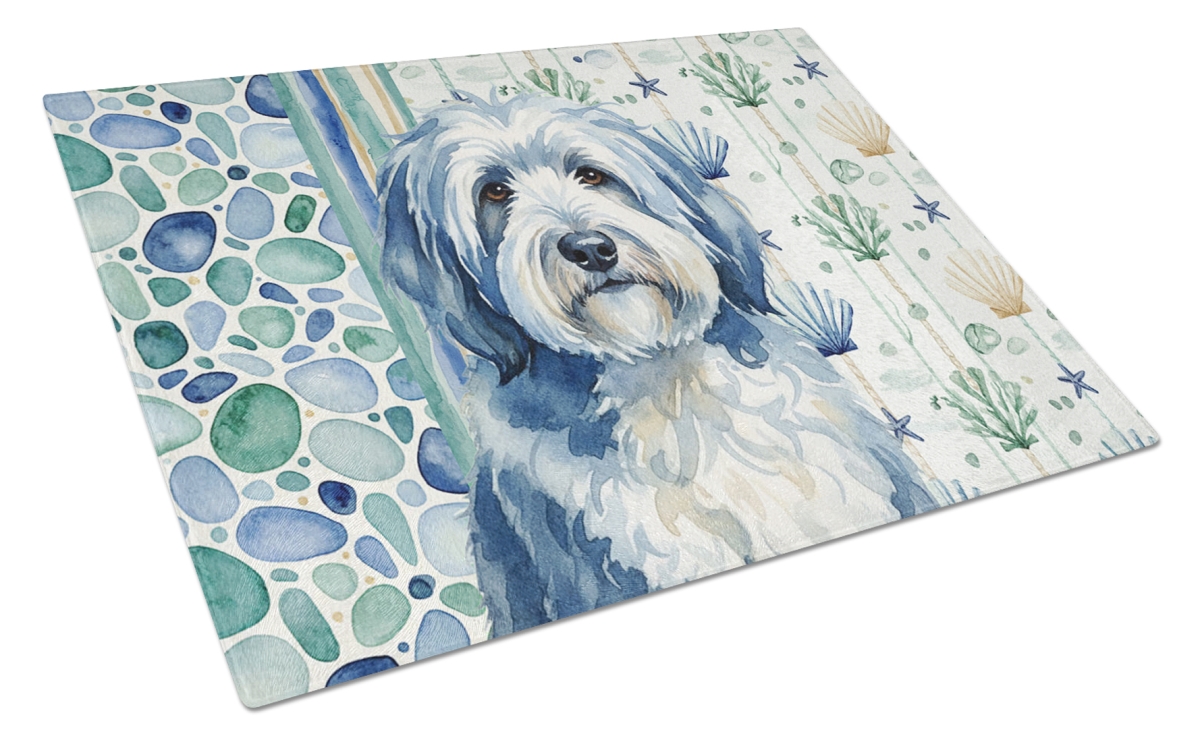 WDK7136LCB 11.25 x 15.25 in. Blue & White Old English Sheepdog Coastal Sea Glass Cutting Board