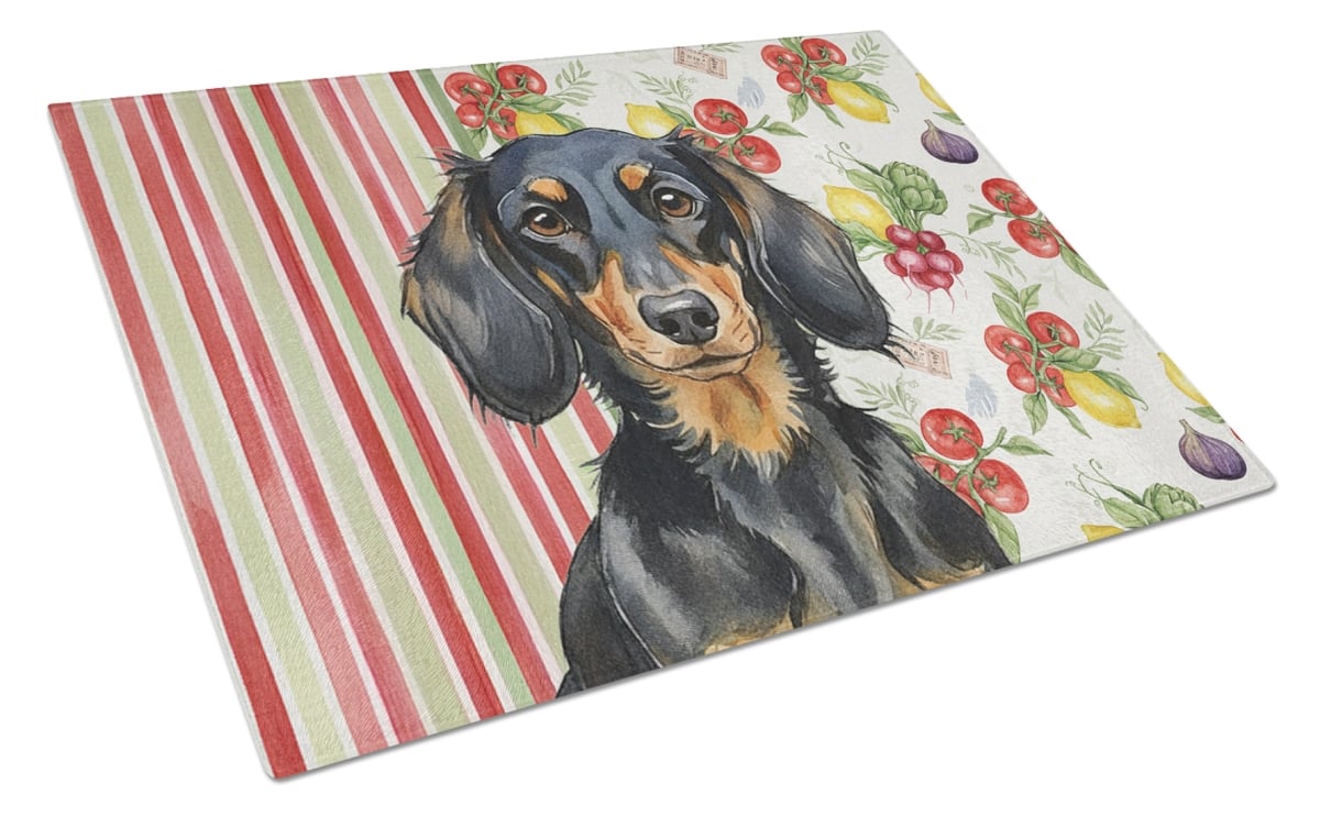 Picture of Carolines Treasures WDK8195LCB 11.25 x 15.25 in. Longhaired Black & Tan Dachshund Vegetables Glass Cutting Board