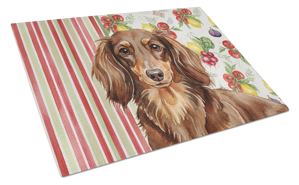 Picture of Carolines Treasures WDK8196LCB 11.25 x 15.25 in. Longhaired Chocolate & Tan Dachshund Vegetables Glass Cutting Board