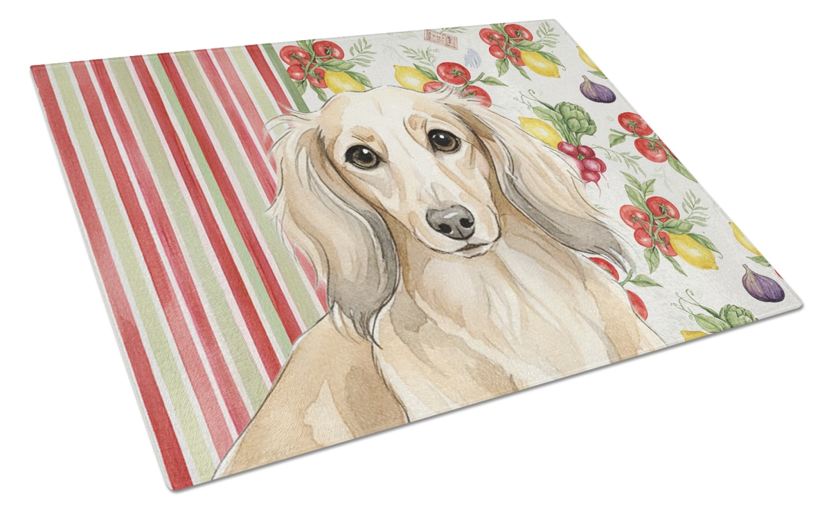 Picture of Carolines Treasures WDK8197LCB 11.25 x 15.25 in. Longhaired Cream Dachshund Vegetables Glass Cutting Board
