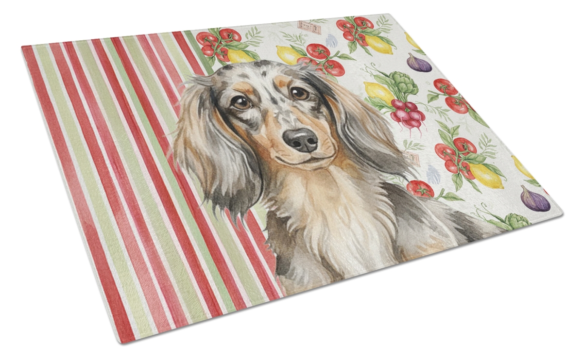 Picture of Carolines Treasures WDK8198LCB 11.25 x 15.25 in. Longhaired Dapple Dachshund Vegetables Glass Cutting Board