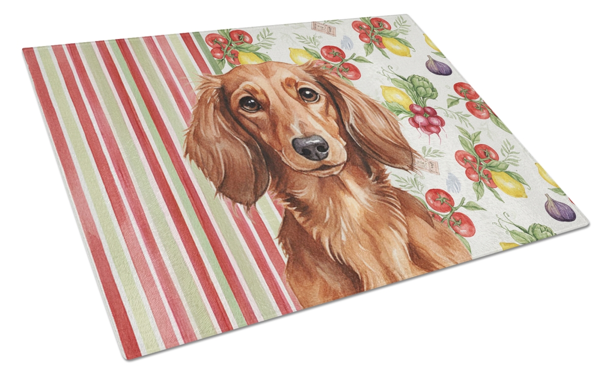 Picture of Carolines Treasures WDK8199LCB 11.25 x 15.25 in. Longhaired Red Dachshund Vegetables Glass Cutting Board