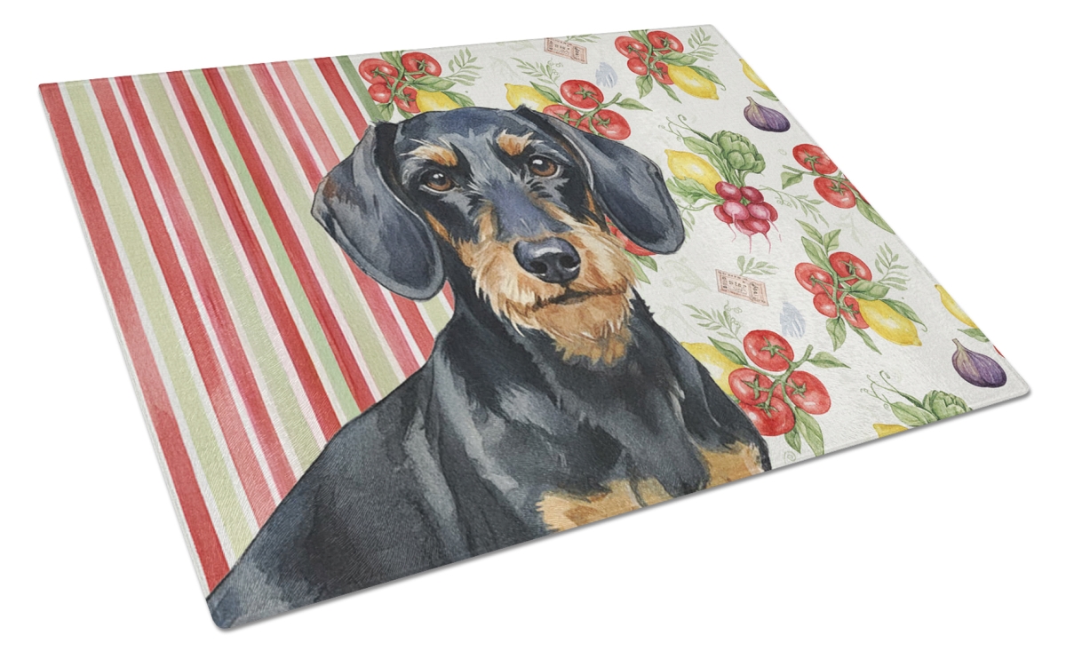 Picture of Carolines Treasures WDK8201LCB 11.25 x 15.25 in. Wirehaired Black & Tan Dachshund Vegetables Glass Cutting Board