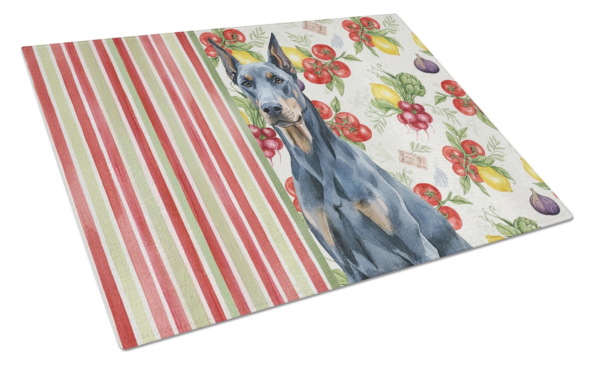 Picture of Carolines Treasures WDK8206LCB 11.25 x 15.25 in. Blue Doberman Pinscher Vegetables Glass Cutting Board