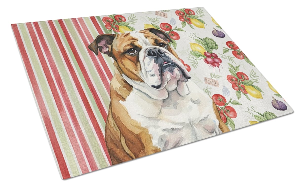 Picture of Carolines Treasures WDK8214LCB 11.25 x 15.25 in. Brindle & White English Bulldog Vegetables Glass Cutting Board