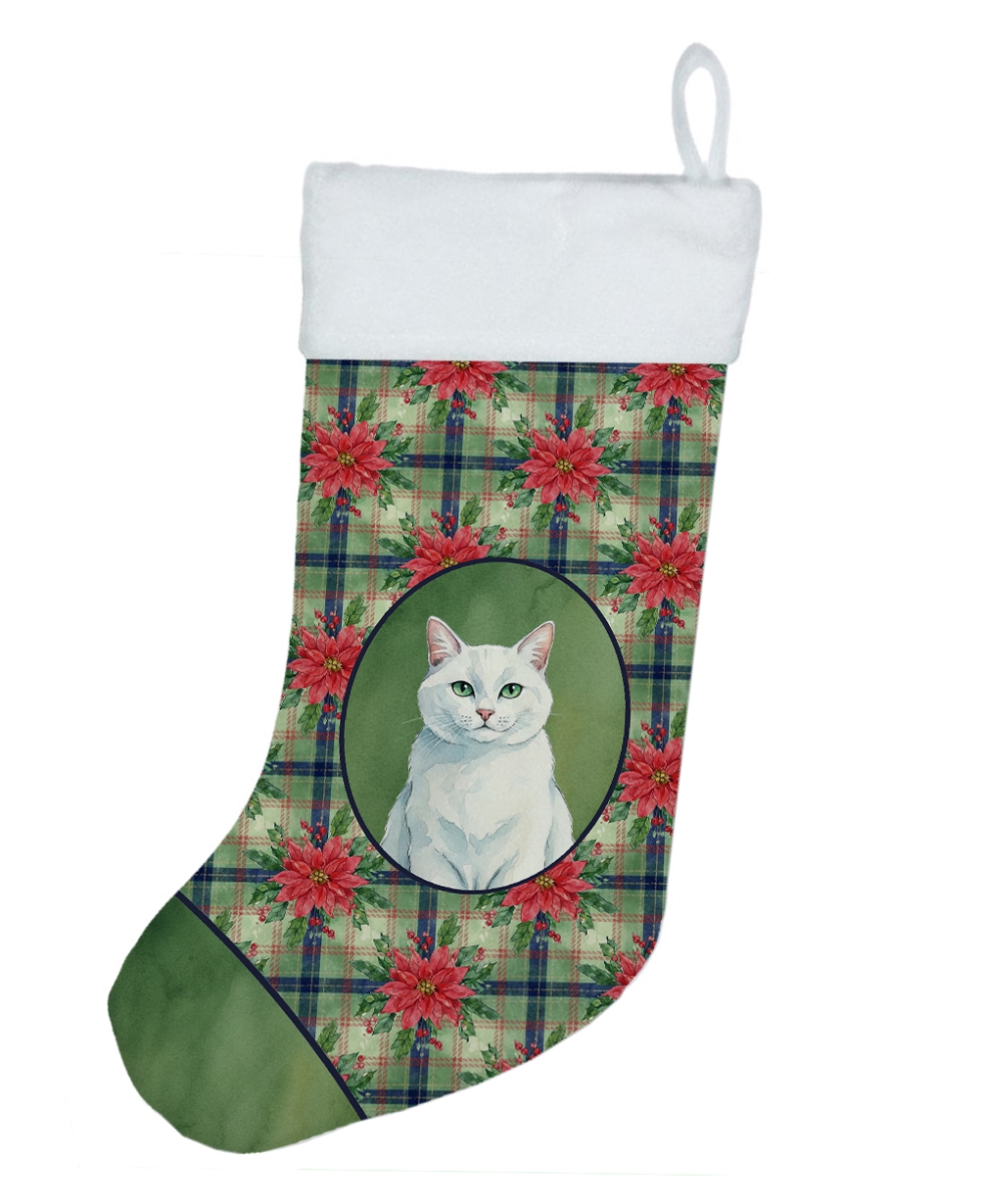 FNT1324CS 18 x 13.5 in. Solid White Cat with Poinsettias Holiday Stocking