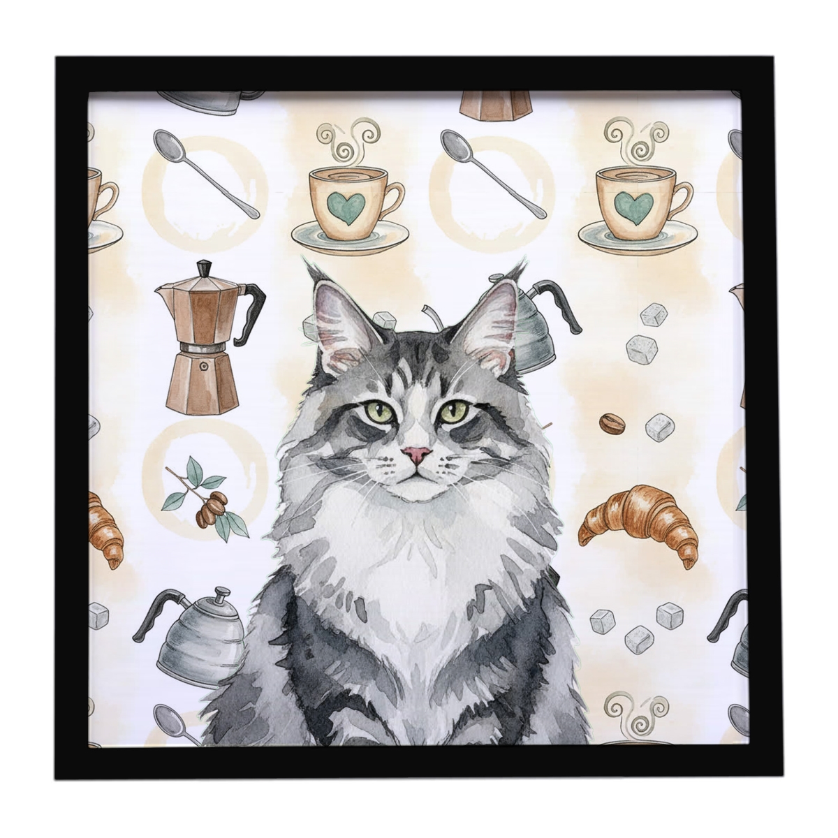 FNT1388MFP88 8 x 8 in. Norwegian Forest Cat Gray & White Cat Coffee Time Framed Metal Print