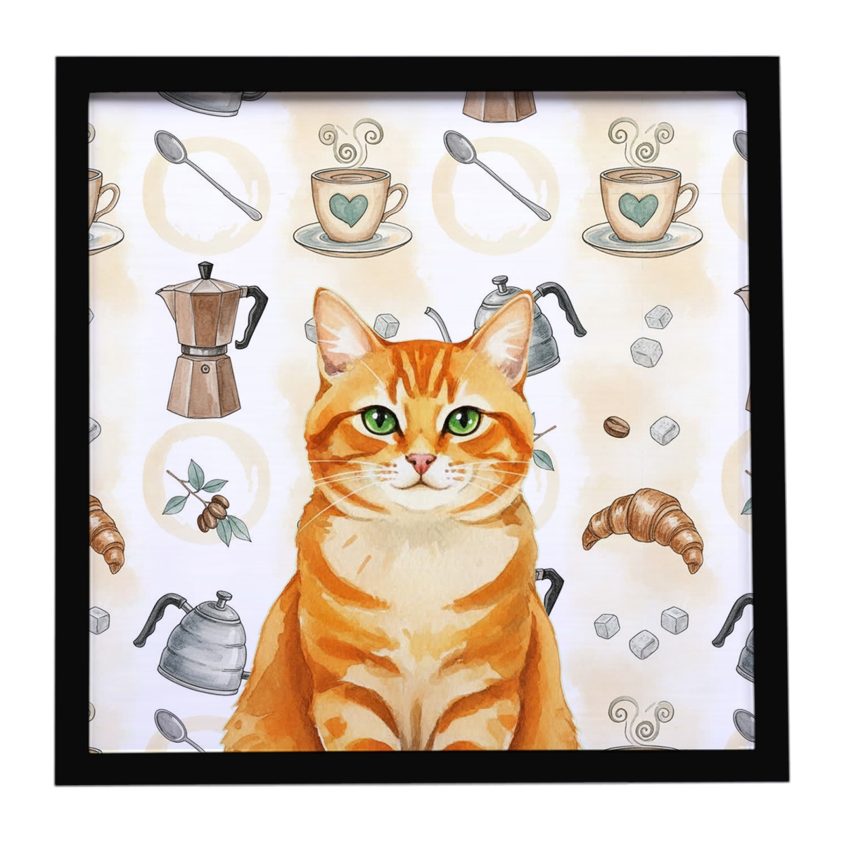 FNT1390MFP88 8 x 8 in. Orange Classic Tabby Cat Coffee Time Framed Metal Print