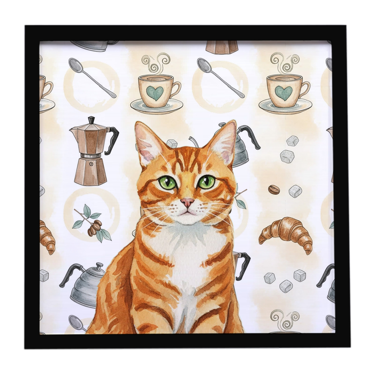 FNT1391MFP88 8 x 8 in. Orange Mackerel Tabby Cat Coffee Time Framed Metal Print