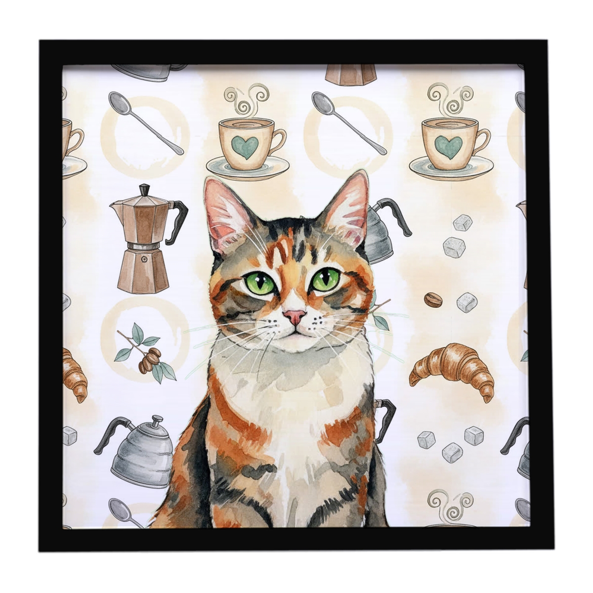 FNT1392MFP88 8 x 8 in. Patched Tabby Cat Coffee Time Framed Metal Print