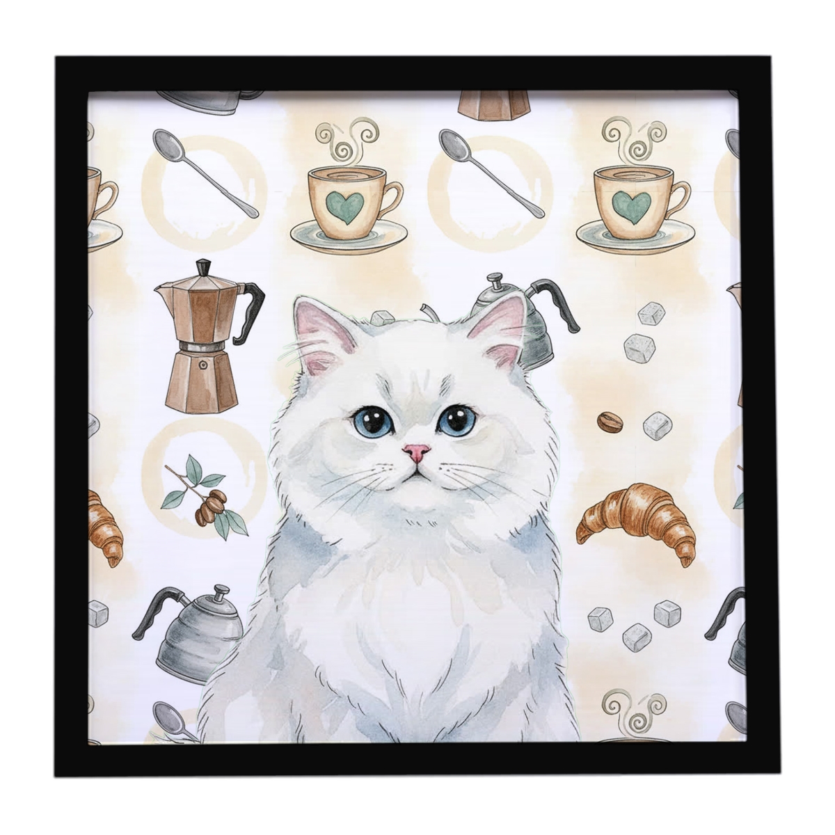 FNT1395MFP88 8 x 8 in. Persian White Cat Coffee Time Framed Metal Print