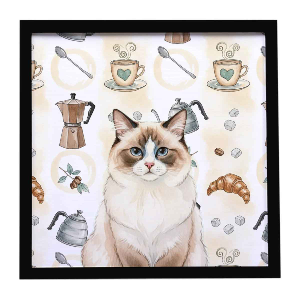 FNT1396MFP88 8 x 8 in. Ragdoll Bicolor Cat Coffee Time Framed Metal Print