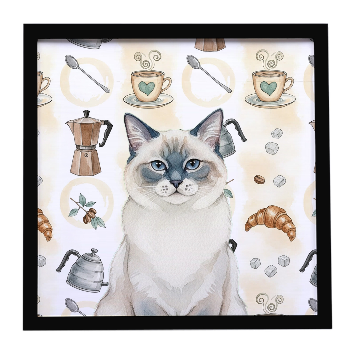 FNT1397MFP88 8 x 8 in. Ragdoll Blue Point Cat Coffee Time Framed Metal Print
