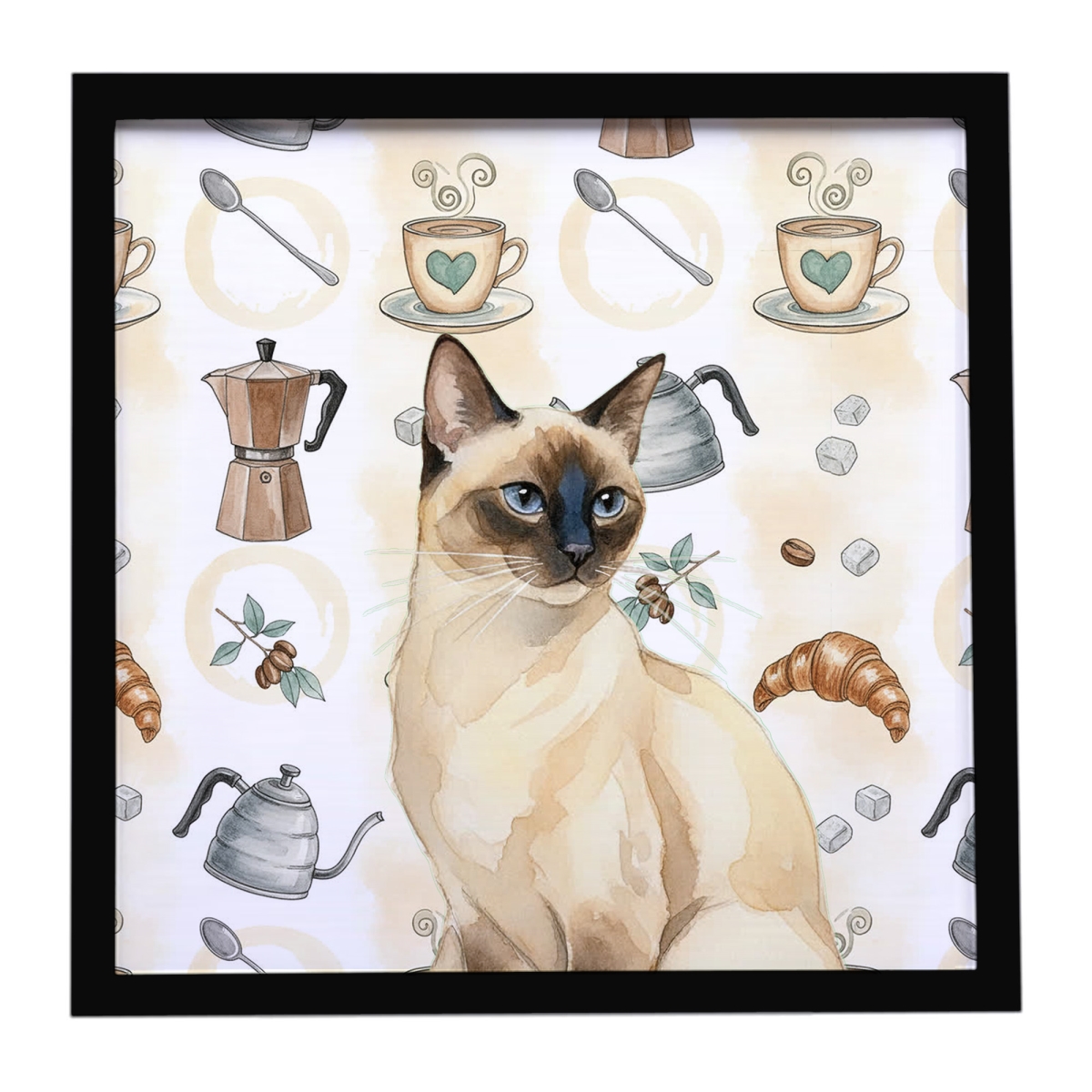 FNT1399MFP88 8 x 8 in. Seal Point Cat Coffee Time Framed Metal Print