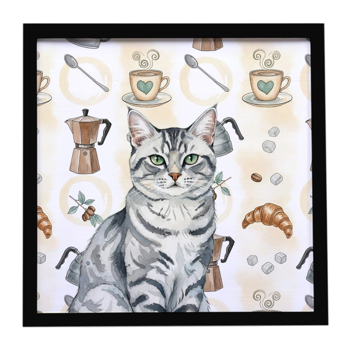 FNT1400MFP88 8 x 8 in. Silver Classic Tabby Cat Coffee Time Framed Metal Print