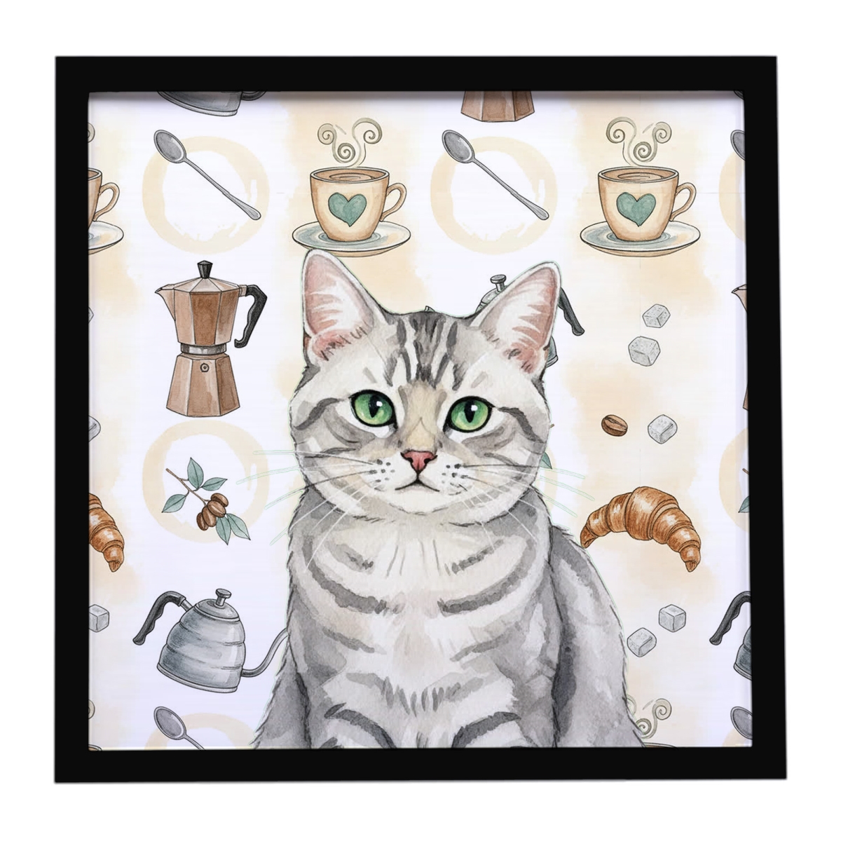 FNT1401MFP88 8 x 8 in. Silver Mackerel Tabby Cat Coffee Time Framed Metal Print