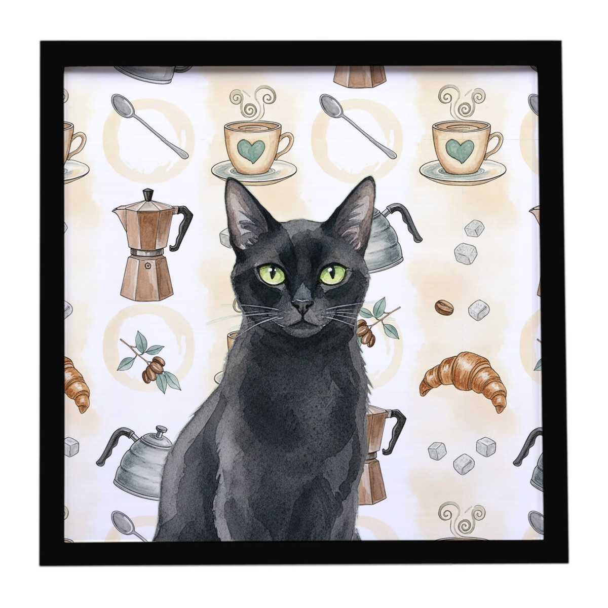 FNT1402MFP88 8 x 8 in. Solid Black Cat Coffee Time Framed Metal Print