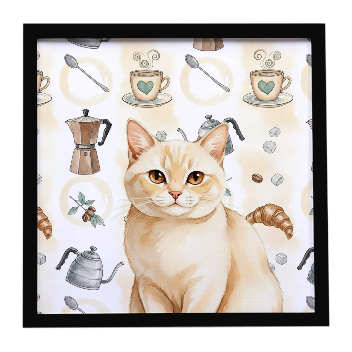 FNT1403MFP88 8 x 8 in. Solid Cream Cat Coffee Time Framed Metal Print