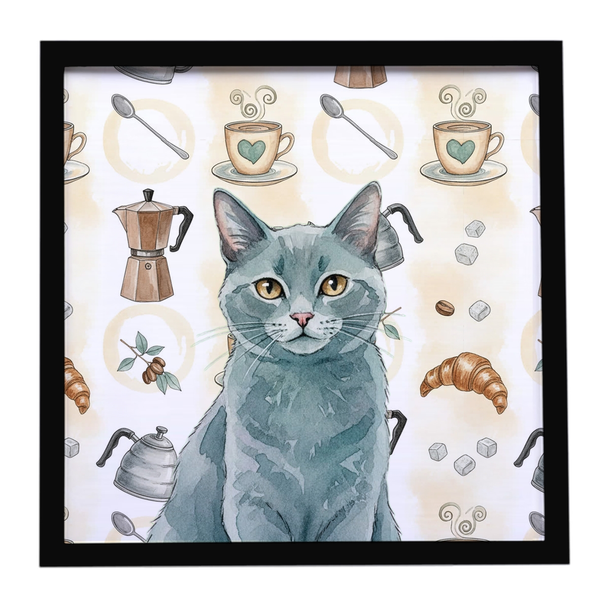 FNT1404MFP88 8 x 8 in. Solid Gray Cat Coffee Time Framed Metal Print
