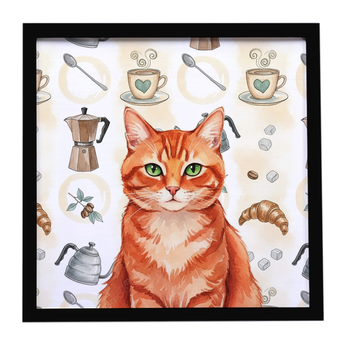 FNT1405MFP88 8 x 8 in. Solid Red Ginger Cat Coffee Time Framed Metal Print