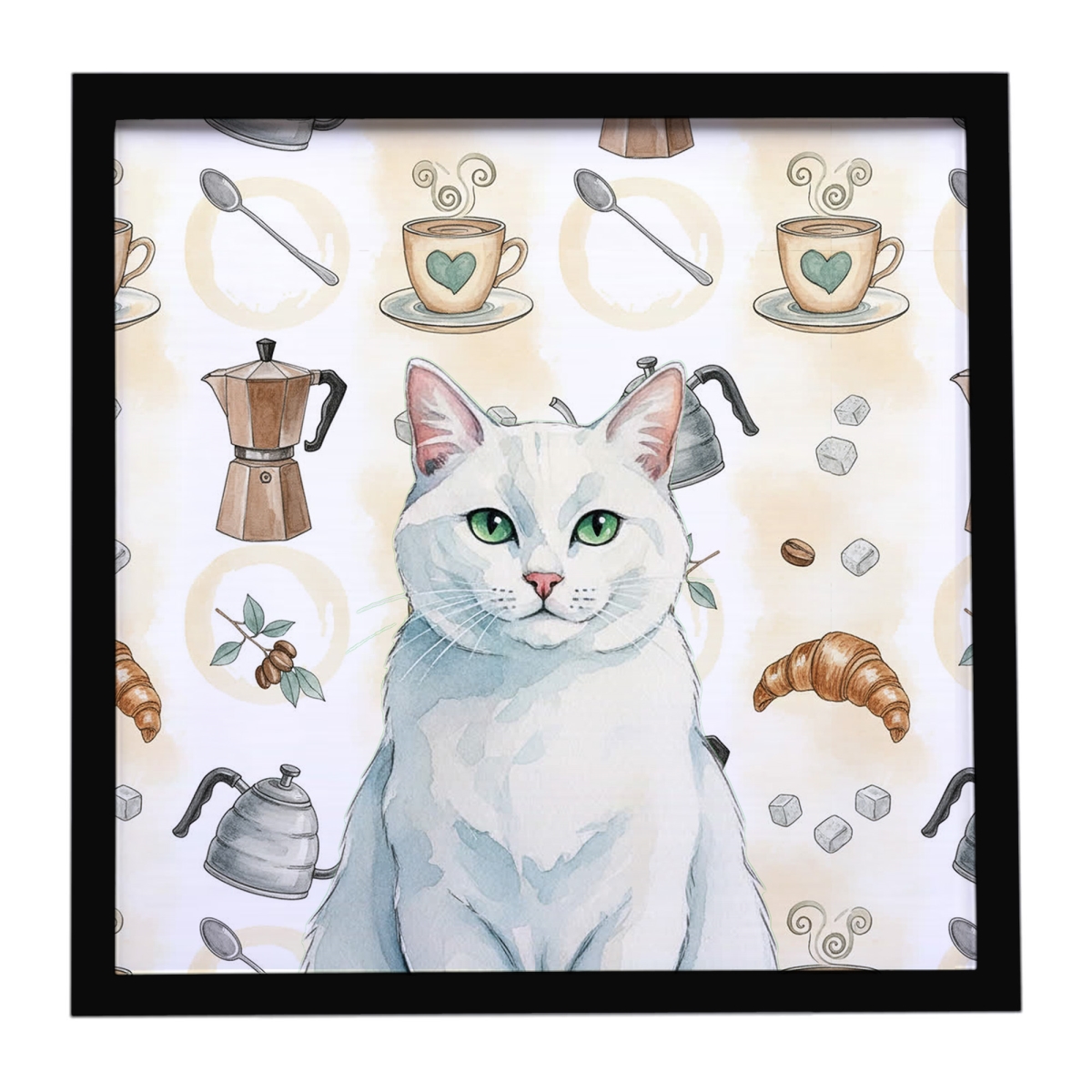 FNT1406MFP88 8 x 8 in. Solid White Cat Coffee Time Framed Metal Print