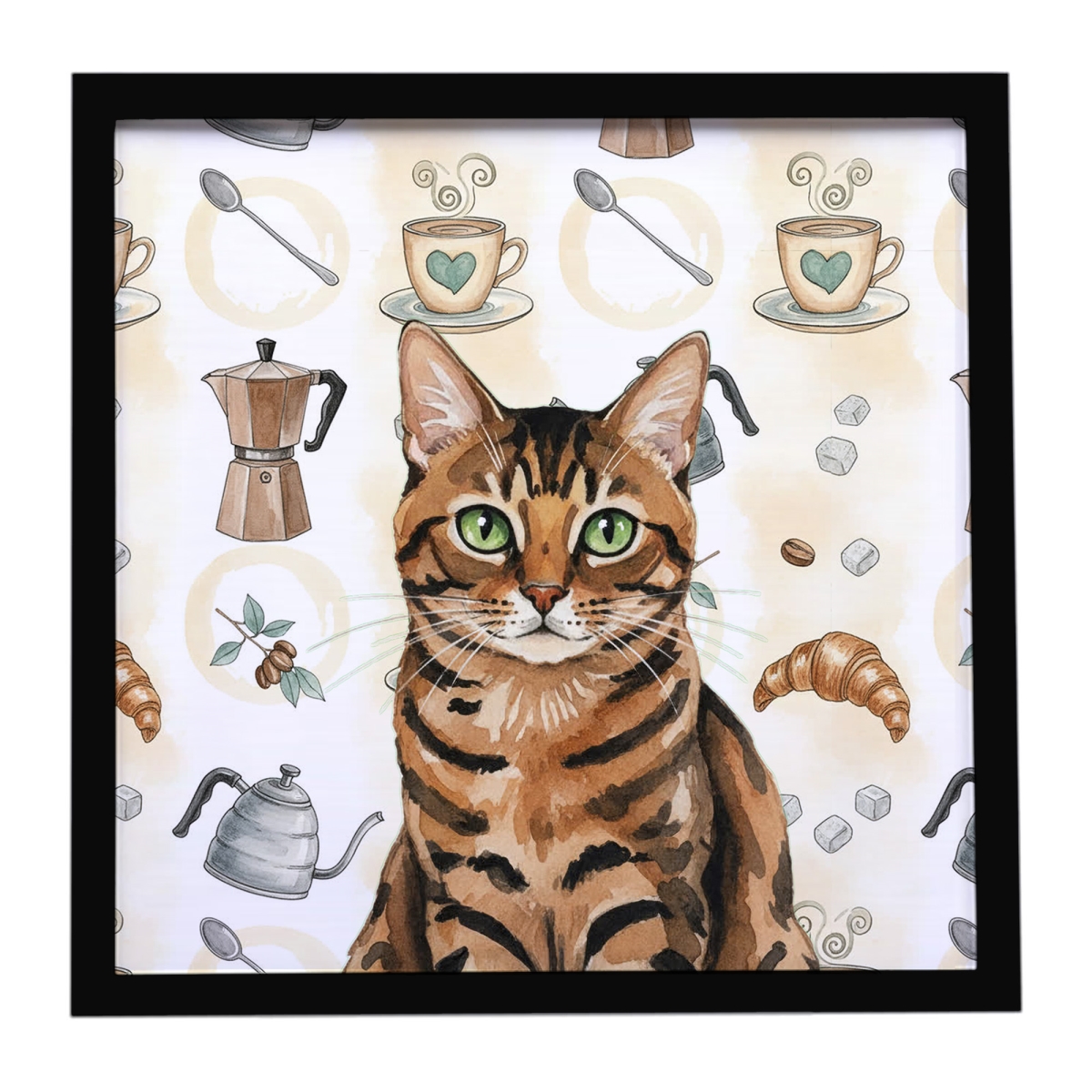 FNT1407MFP88 8 x 8 in. Spotted Tabby Brown Cat Coffee Time Framed Metal Print