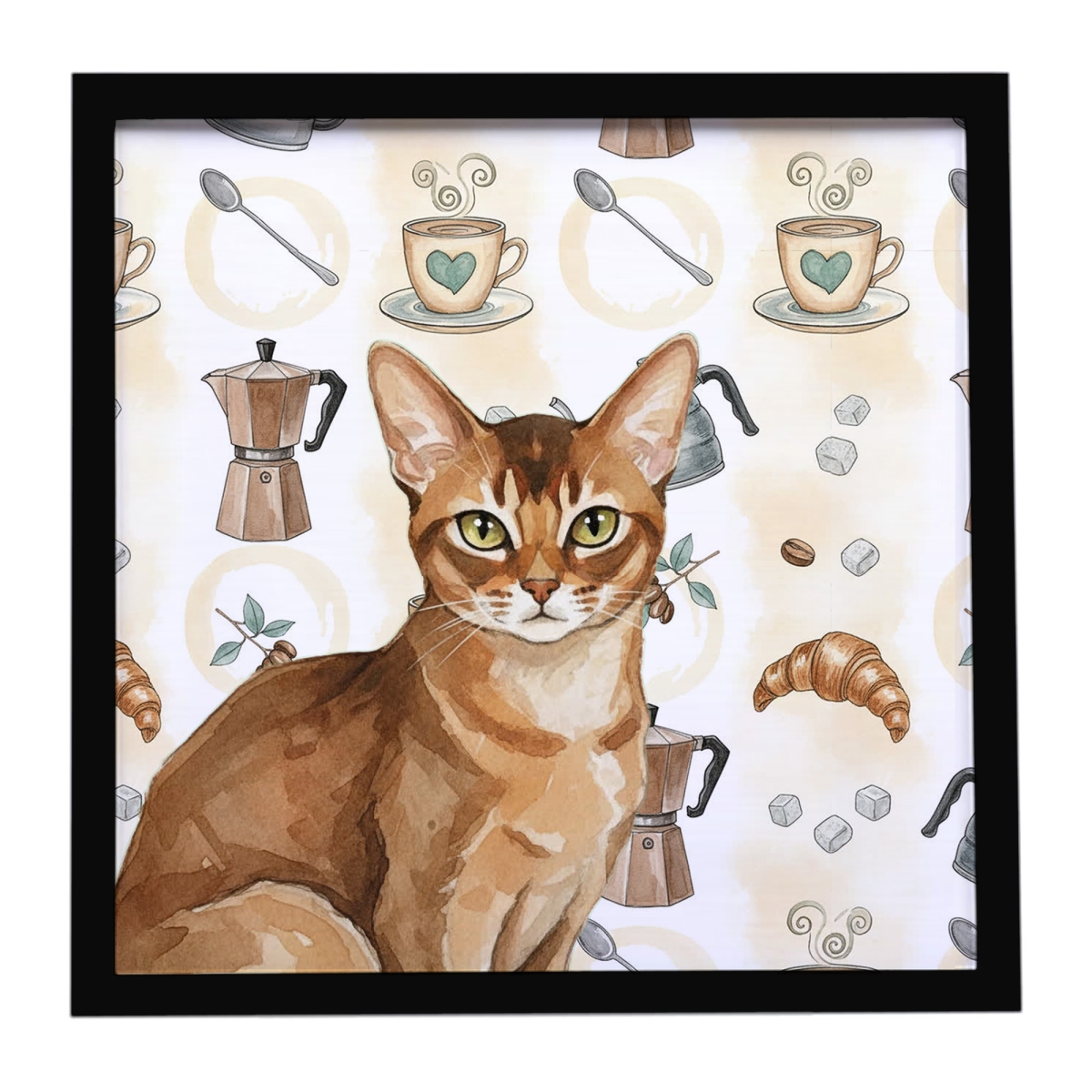 FNT1408MFP88 8 x 8 in. Ticked Tabby Brown Cat Coffee Time Framed Metal Print