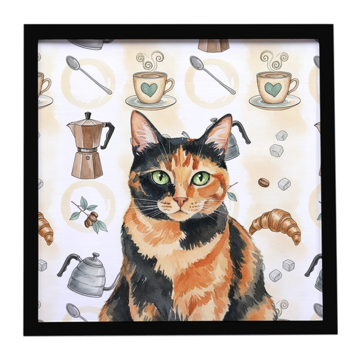 FNT1410MFP88 8 x 8 in. Tortoiseshell Cat Coffee Time Framed Metal Print