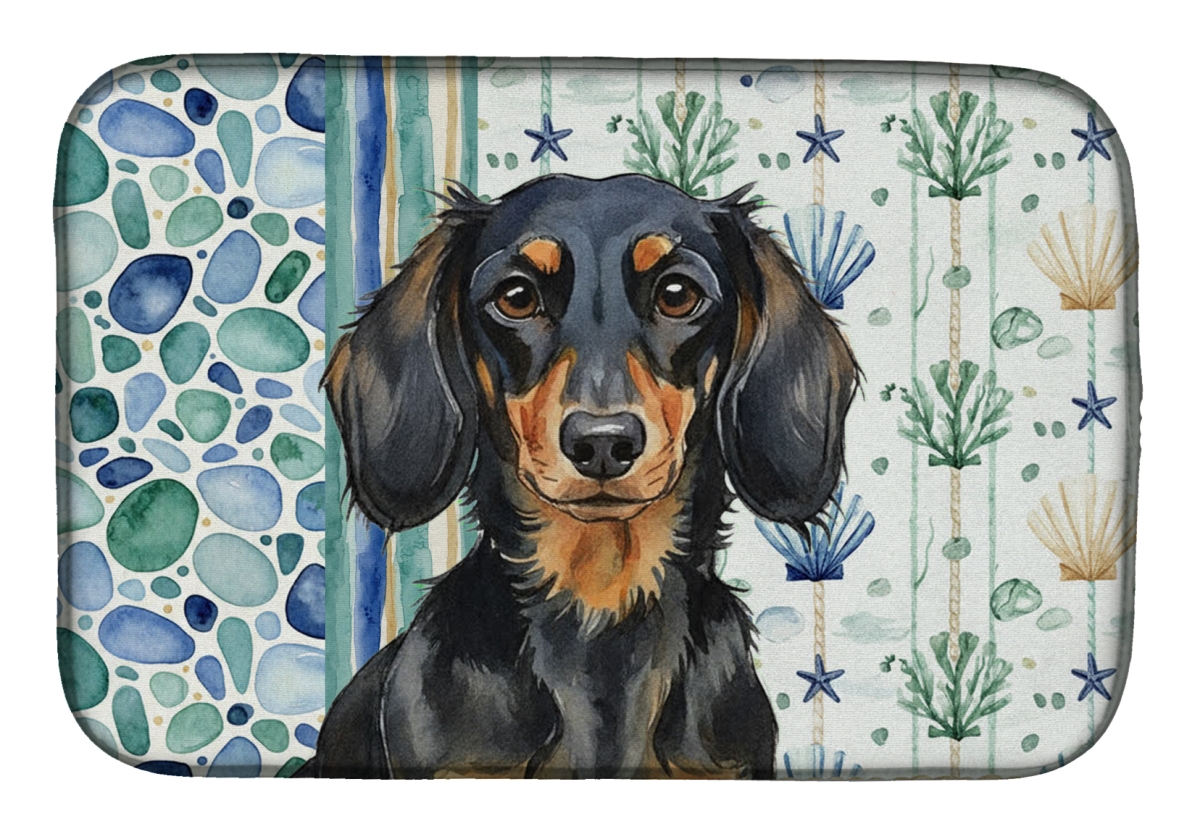 Picture of Carolines Treasures WDK6995DDM 21 x 14 in. Longhaired Black & Tan Dachshund Coastal Sea Glass Dish Drying Mat