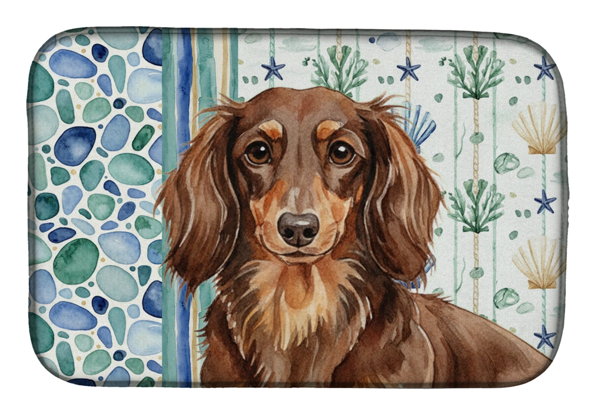 Picture of Carolines Treasures WDK6996DDM 21 x 14 in. Longhaired Chocolate & Tan Dachshund Coastal Sea Glass Dish Drying Mat