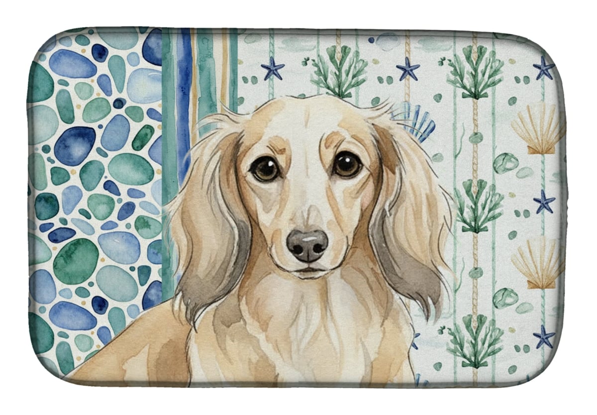 Picture of Carolines Treasures WDK6997DDM 21 x 14 in. Longhaired Cream Dachshund Coastal Sea Glass Dish Drying Mat