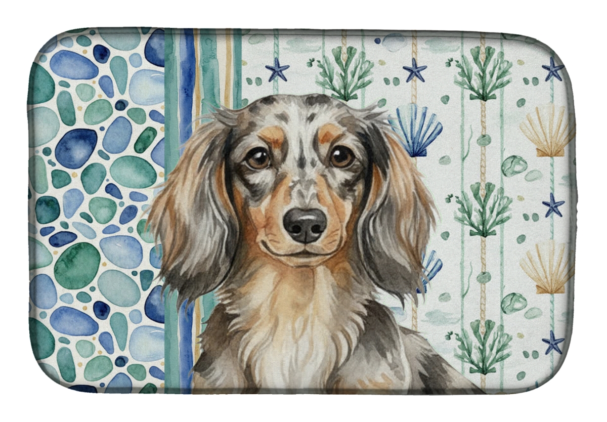Picture of Carolines Treasures WDK6998DDM 21 x 14 in. Longhaired Dapple Dachshund Coastal Sea Glass Dish Drying Mat