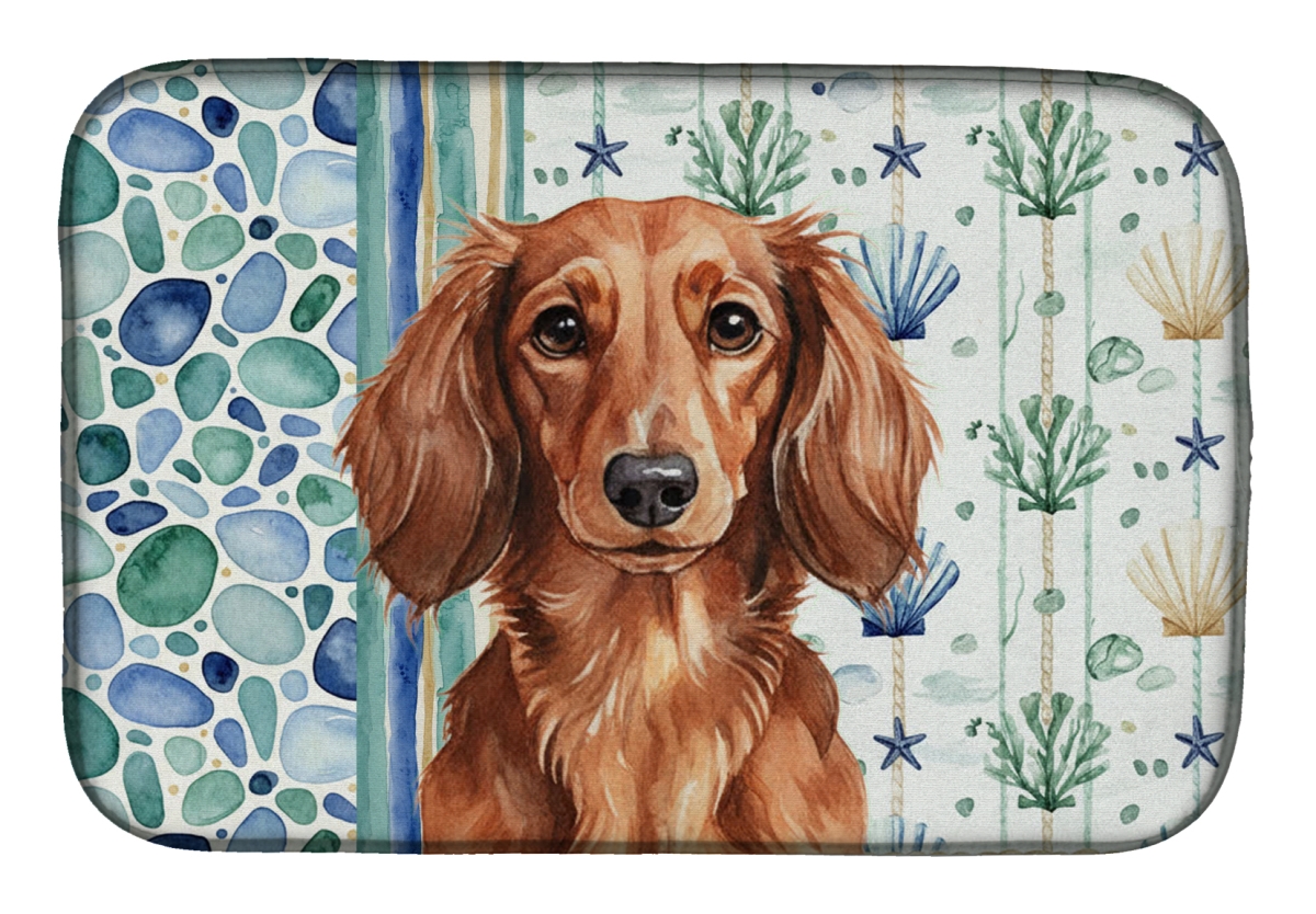 Picture of Carolines Treasures WDK6999DDM 21 x 14 in. Longhaired Red Dachshund Coastal Sea Glass Dish Drying Mat