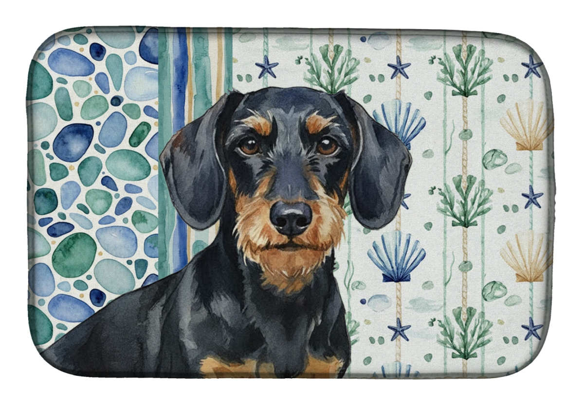 Picture of Carolines Treasures WDK7001DDM 21 x 14 in. Wirehaired Black & Tan Dachshund Coastal Sea Glass Dish Drying Mat